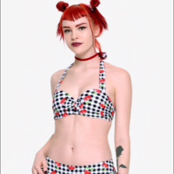 Black and White Gingham Cherry Swimsuit Top - Picture 3 of 6